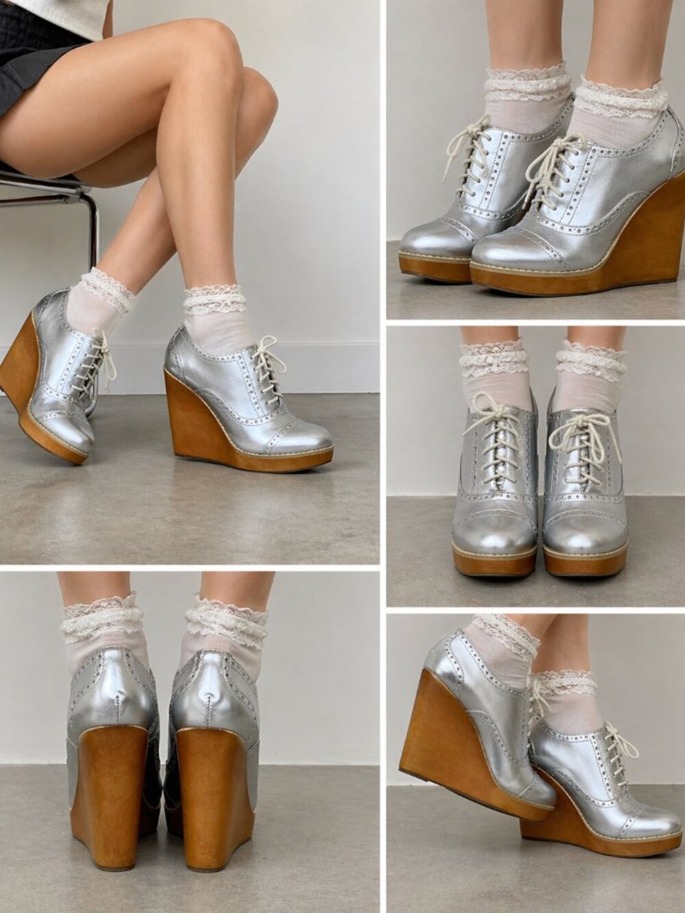 Madison Harding Silver Oxford Lace Up Wedge Heels Y2K Platform Size 7